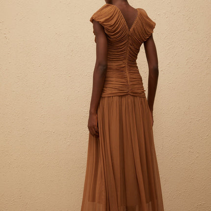 Julia Maxi Dress Brown Chiffon V-neck Ruched Pleated Cap Sleeves Drawstring Waistline 100% Viscose Rear Zip Fastening