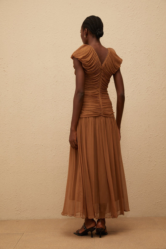 Julia Maxi Dress Brown Chiffon V-neck Ruched Pleated Cap Sleeves Drawstring Waistline 100% Viscose Rear Zip Fastening