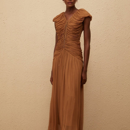 Julia Maxi Dress Brown Chiffon V-neck Ruched Pleated Cap Sleeves Drawstring Waistline Viscose Rear Zip Fastening