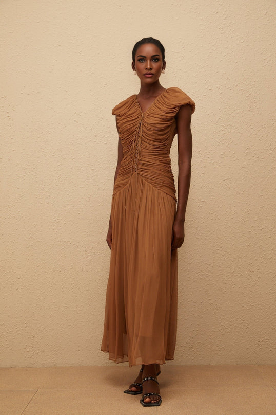 Julia Maxi Dress Brown Chiffon V-neck Ruched Pleated Cap Sleeves Drawstring Waistline Viscose Rear Zip Fastening