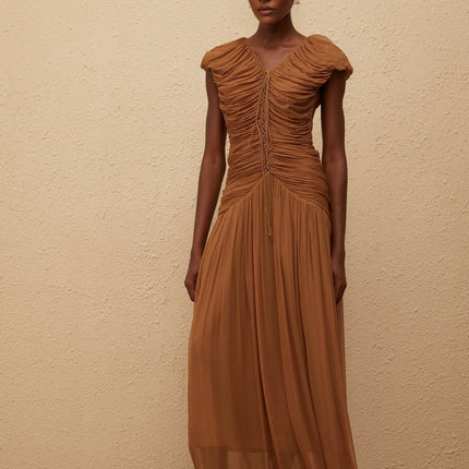Julia Maxi Dress Brown Chiffon V-Neck Ruched Pleated Drawstring Cap Sleeves Fitted Waistline 100% Viscose Rear Zip Fastening