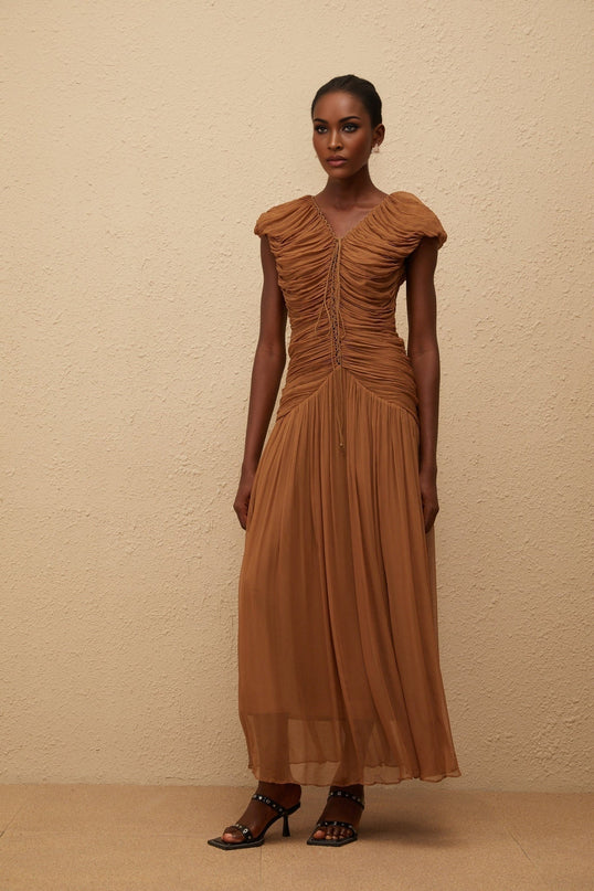Julia Maxi Dress Brown Chiffon V-Neck Ruched Pleated Drawstring Cap Sleeves Fitted Waistline 100% Viscose Rear Zip Fastening