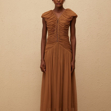 Julia Maxi Dress Brown Chiffon V-neck Ruched Pleated Cap Sleeves Drawstring Fitted Waistline 100% Viscose Rear Zip Fastening