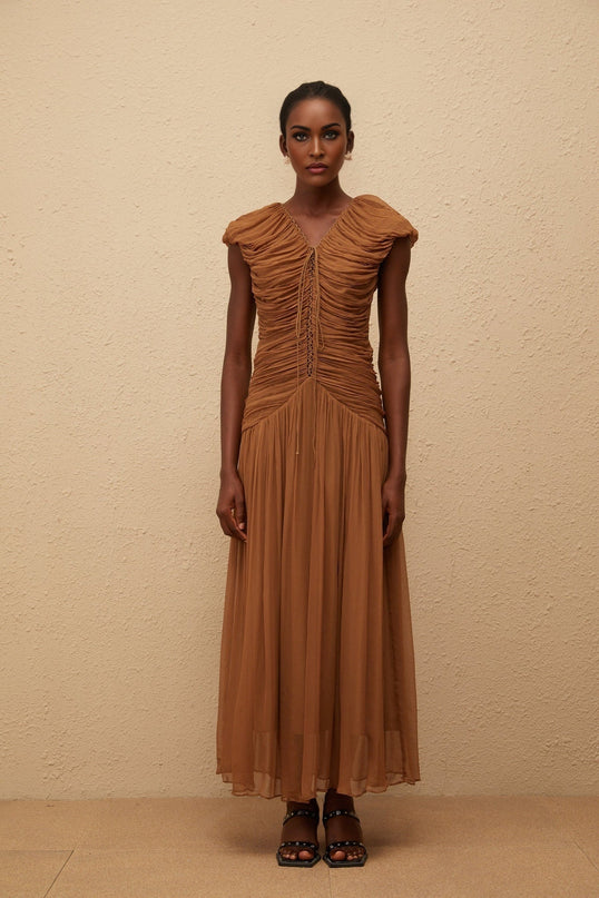 Julia Maxi Dress Brown Chiffon V-neck Ruched Pleated Cap Sleeves Drawstring Fitted Waistline 100% Viscose Rear Zip Fastening