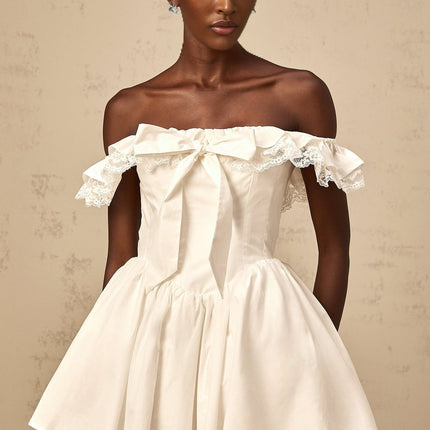 Julia White Mini Dress with Off-the-Shoulder Design and Lace Trim