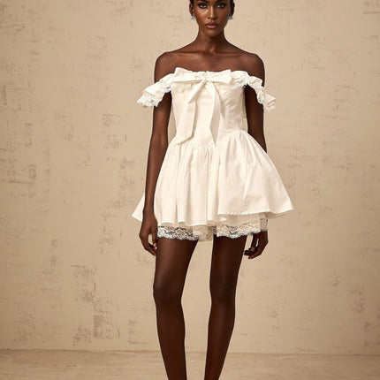 Julia White Mini Dress with Lace Trim and Ruffled Detailing