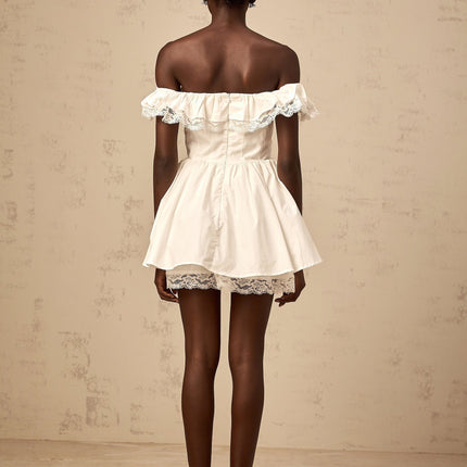 Julia White Mini Dress with Off-the-Shoulder Design and Lace Trim
