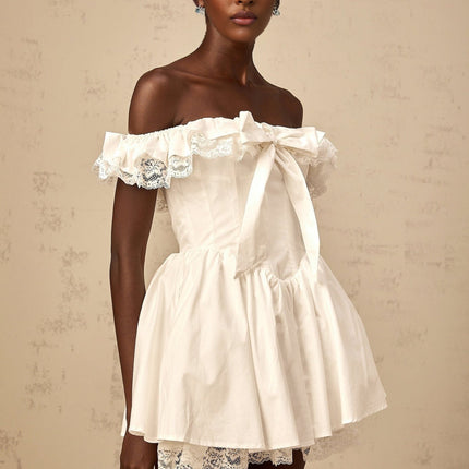 Julia White Mini Dress with Lace Trim and Ruffled Detailing