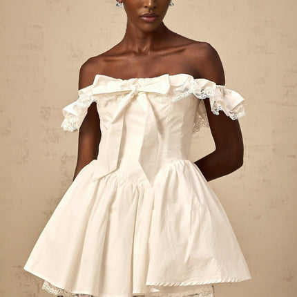 Julia White Off-Shoulder Lace Mini Dress with Ruffled Detailing and Bow Accent