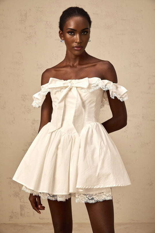 Julia White Off-Shoulder Lace Mini Dress with Ruffled Detailing and Bow Accent