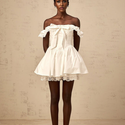 Julia White Off-the-Shoulder Lace Trim Mini Dress