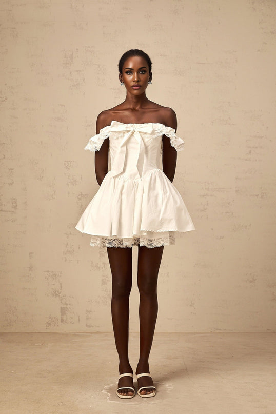 Julia White Off-the-Shoulder Lace Trim Mini Dress