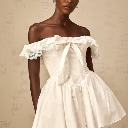 Julia White Off-the-Shoulder Lace Trim Ruffled Mini Dress