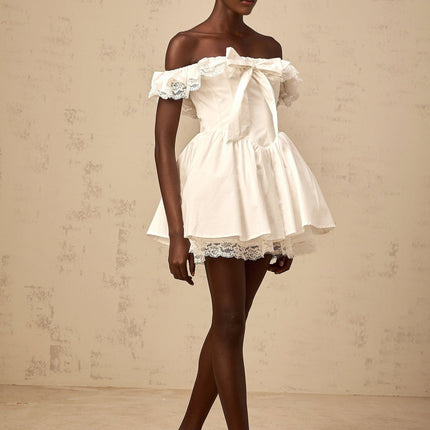 Julia White Off the Shoulder Mini Dress with Lace Trim and Ruffled Detailing