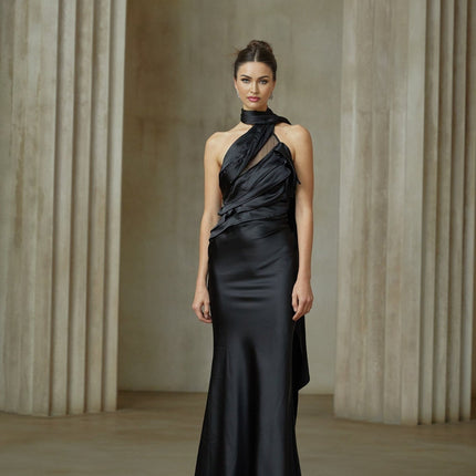 Juliana Black One-Shoulder Maxi Dress with Tulle Ruffle Trim and Ribbon Detailing