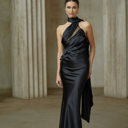 Juliana Black One Shoulder Halterneck Maxi Dress with Tulle Ruffle Trim