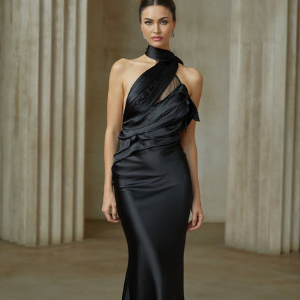 Juliana Black One-Shoulder Maxi Dress with Tulle Ruffle Trim and Ribbon Detailing
