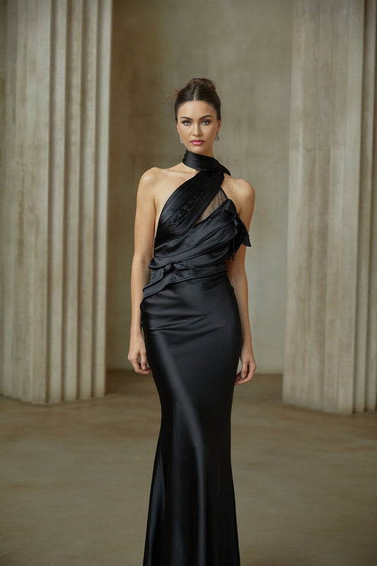 Juliana Black One-Shoulder Maxi Dress with Tulle Ruffle Trim and Ribbon Detailing