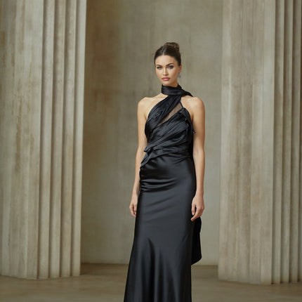 Juliana Black One Shoulder Maxi Dress with Tulle Ruffle Trim