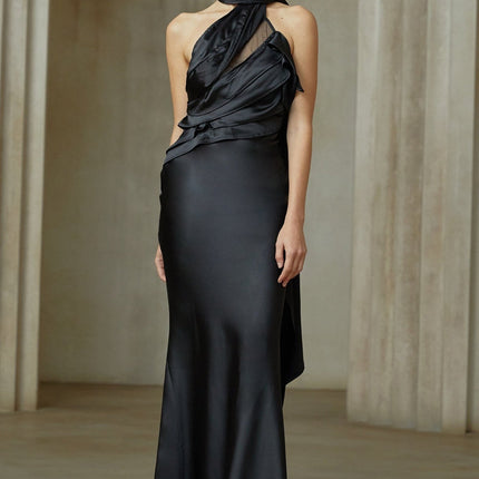 Juliana Black One-Shoulder Maxi Dress with Tulle Ruffle Trim and Ribbon Detailing