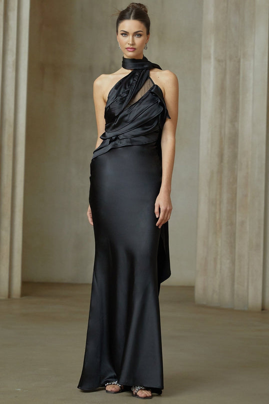 Juliana Black One-Shoulder Maxi Dress with Tulle Ruffle Trim and Ribbon Detailing