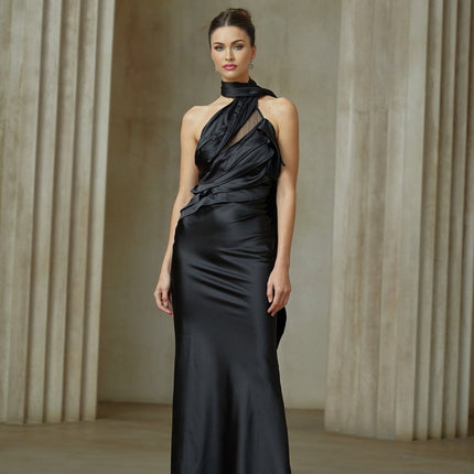 Juliana Black One-Shoulder Maxi Dress with Tulle Ruffle Trim and Ribbon Detailing