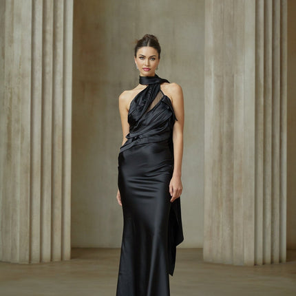 Juliana Black One-Shoulder Maxi Dress with Tulle Ruffle Trim and Ribbon Detailing