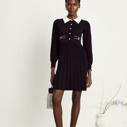 Juliana Black Ribbed Knit Balloon Sleeve A-Line Mini Dress
