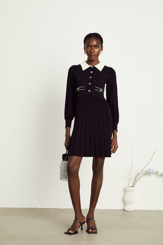 Juliana Black Ribbed Knit Balloon Sleeve A-Line Mini Dress