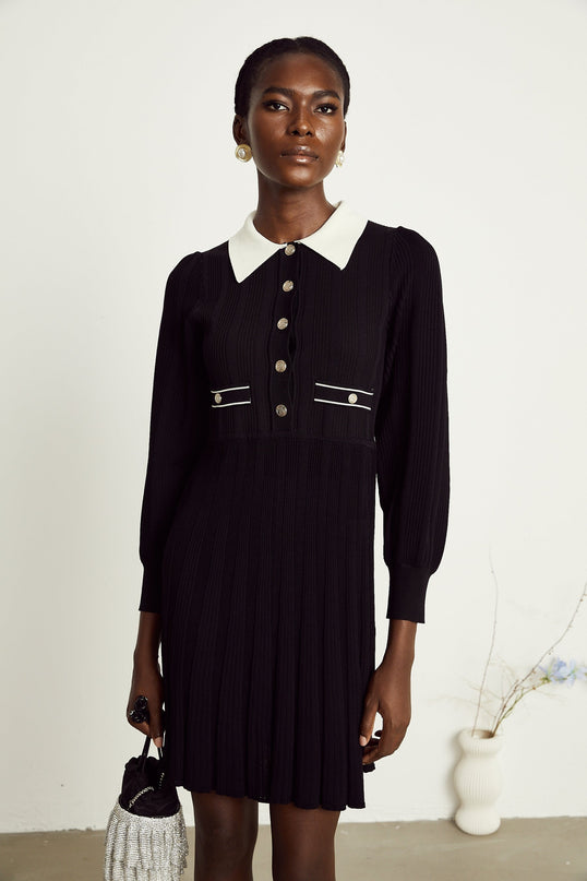 Juliana Black Ribbed Knit Balloon Sleeve Mini Dress
