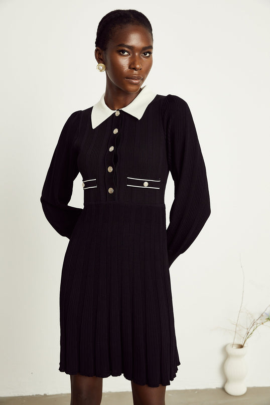 Juliana Black Ribbed Knit Balloon Sleeve Mini Dress