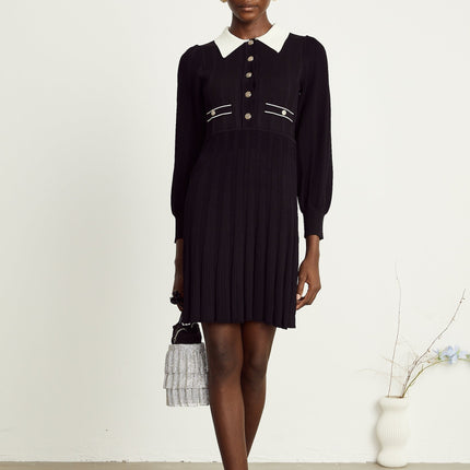 Juliana Black Ribbed Knit Mini Dress Balloon Sleeves A-Line Faux Pocket Detail Flared Hem 85 Terylene 15 Spandex