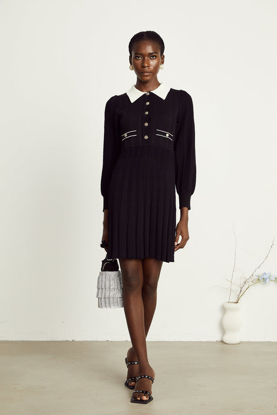 Juliana Black Ribbed Knit Mini Dress Balloon Sleeves A-Line Faux Pocket Detail Flared Hem 85 Terylene 15 Spandex