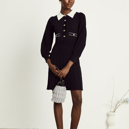 Juliana Black Ribbed Knit Mini Dress with Balloon Sleeves and A-Line Silhouette