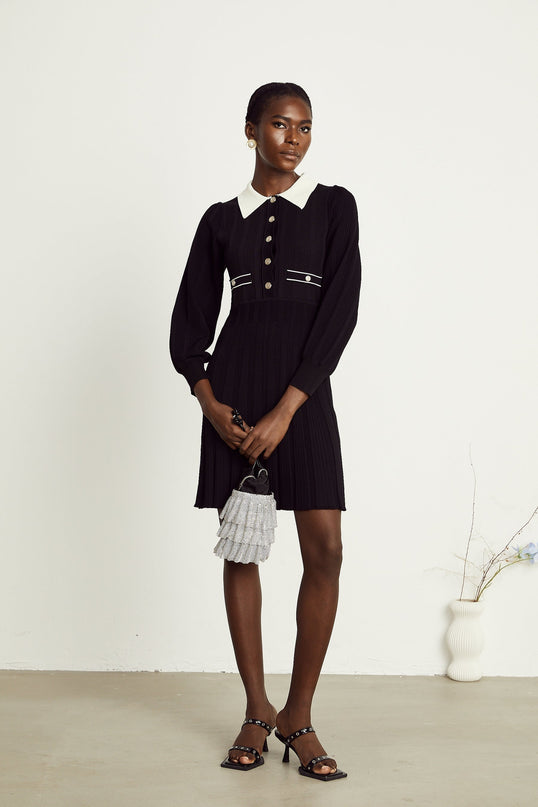Juliana Black Ribbed Knit Mini Dress with Balloon Sleeves and A-Line Silhouette