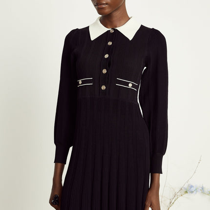 Juliana Black Ribbed Knit Mini Dress with Balloon Sleeves and A-Line Silhouette