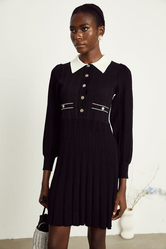 Juliana Black Ribbed Knit Mini Dress with Balloon Sleeves and A-Line Silhouette