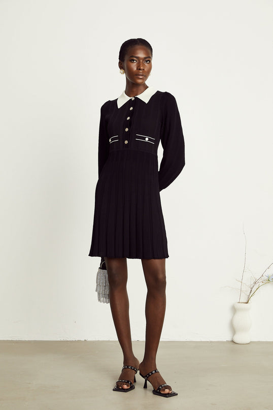 Juliana Black Ribbed Knit Mini Dress Balloon Sleeves A-Line Faux Pocket Detail Terylene Spandex