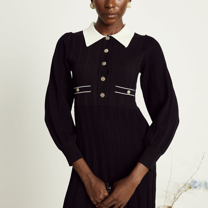 Juliana Black Ribbed Knit Mini Dress Balloon Sleeves A-line Silhouette Faux Pocket Detail Flared Hem
