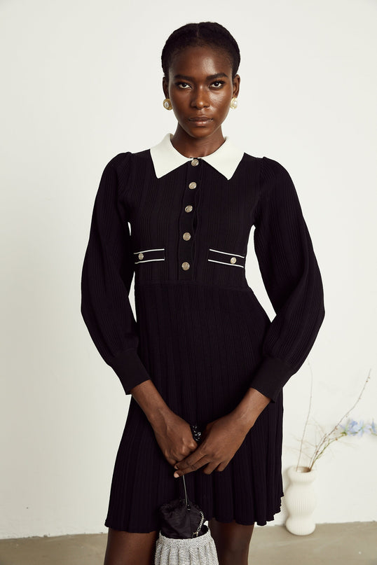 Juliana Black Ribbed Knit Mini Dress Balloon Sleeves A-line Silhouette Faux Pocket Detail Flared Hem