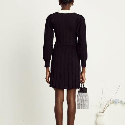 Juliana Black Ribbed Knit Mini Dress Balloon Sleeves A-Line Faux Pocket Detail