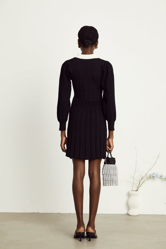 Juliana Black Ribbed Knit Mini Dress Balloon Sleeves A-Line Faux Pocket Detail
