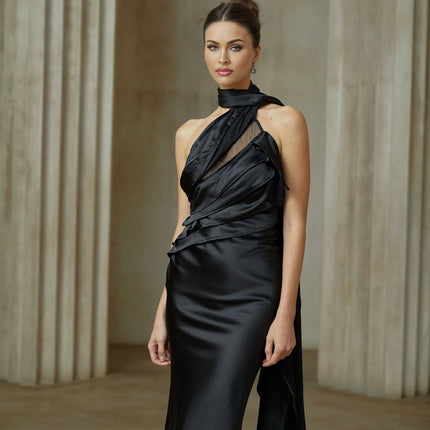 Juliana Black One-Shoulder Halterneck Maxi Dress with Tulle Ruffle Trim and Ribbon Detailing
