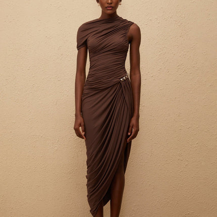Julianna Brown Midi Dress Terylene Fiber Embossed Hardware Zip Fastening