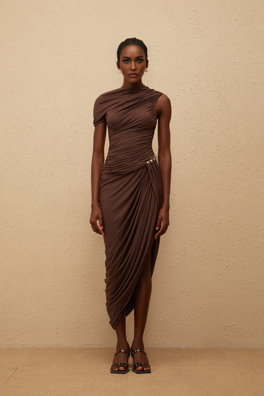 Julianna Brown Midi Dress Terylene Fiber Embossed Hardware Zip Fastening