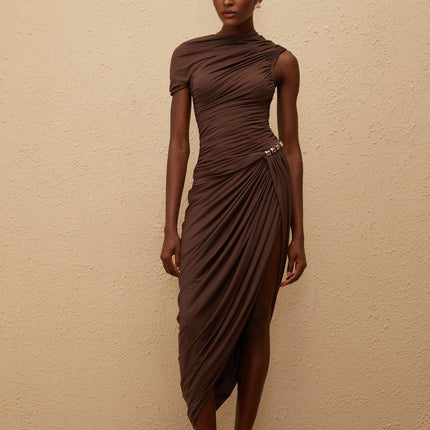 Julianna Brown Midi Dress Terylene Fiber Embossed Hardware Ruched Detailing Asymmetrical Design Rear Zip Fastening