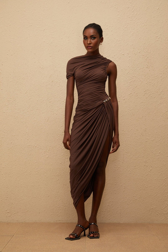 Julianna Brown Midi Dress Terylene Fiber Embossed Hardware Ruched Detailing Asymmetrical Design Rear Zip Fastening