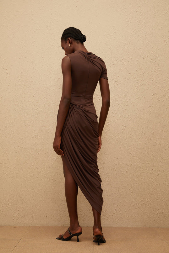 Julianna Brown Midi Dress Terylene Fiber Ruched Detailing Silver Hardware Zip Fastening