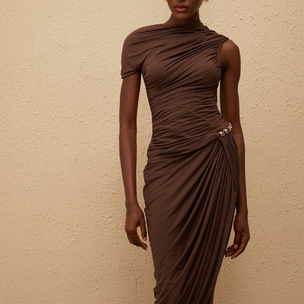 Julianna Brown Midi Dress Terylene Fiber Fitted Waistline Ruched Detailing Asymmetrical Design Silver-tone Hardware Rear Zip Fastening