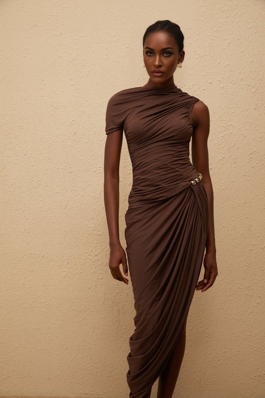 Julianna Brown Midi Dress Terylene Fiber Fitted Waistline Ruched Detailing Asymmetrical Design Silver-tone Hardware Rear Zip Fastening
